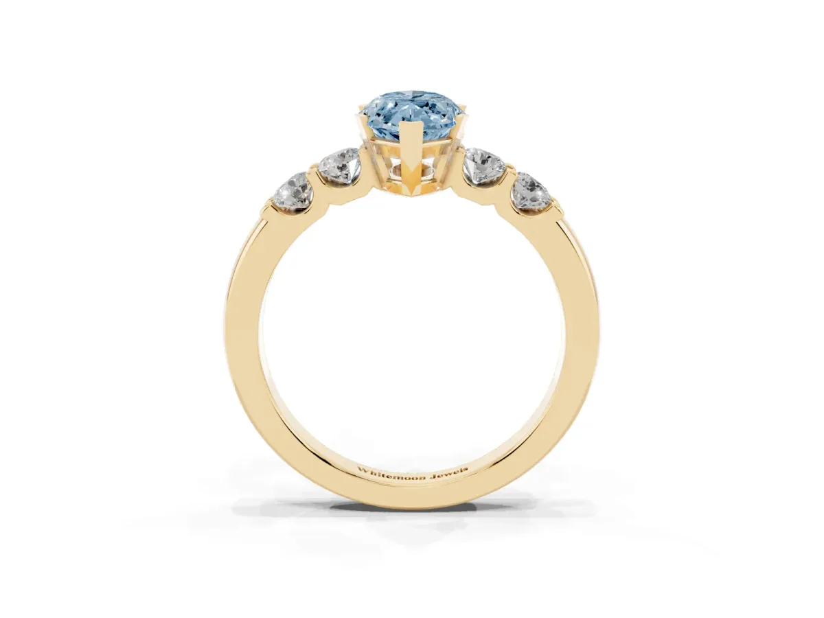 Fancy Blue Marquise Cut Brilliant Cut Diamond Five-Stone Prong Set Engagement Ring with Channel Band Yellow gold