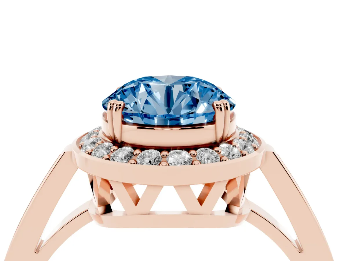 Fancy Blue Round Cut Diamond Halo Ring with Split Shank and Four-Prong Setting Rose gold