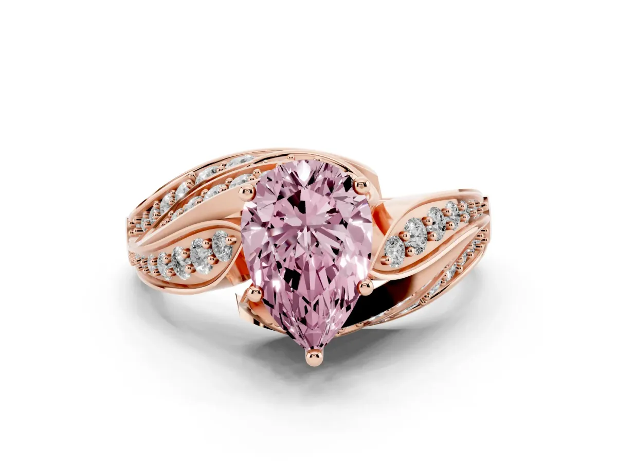 Fancy Pink Pear Cut Diamond Solitaire Ring with Prong Setting and Twisted Pavé Band Rose gold