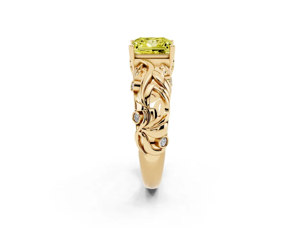 Fancy Yellow Princess Cut Solitaire Diamond Leaf-Inspired Vine Band Ring with Prong Setting Yellow gold