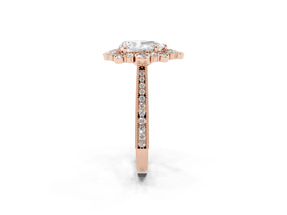 Pear Cut Halo Milgrain Pave Diamond Ring with Four-Prong Setting Rose gold
