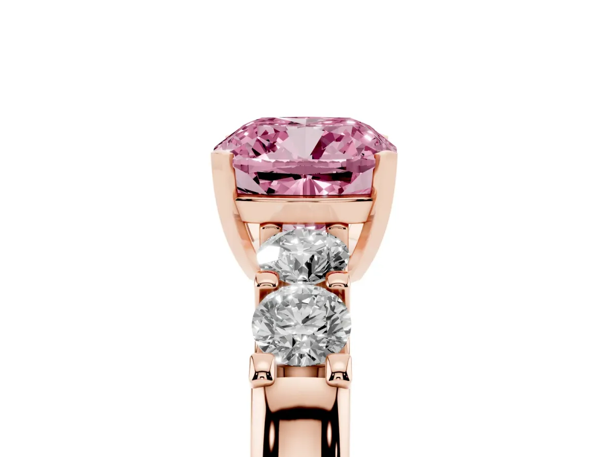 Fancy Pink Cushion Cut Brilliant Cut Diamond Five-Stone Prong Set Engagement Ring with Channel Band Rose gold