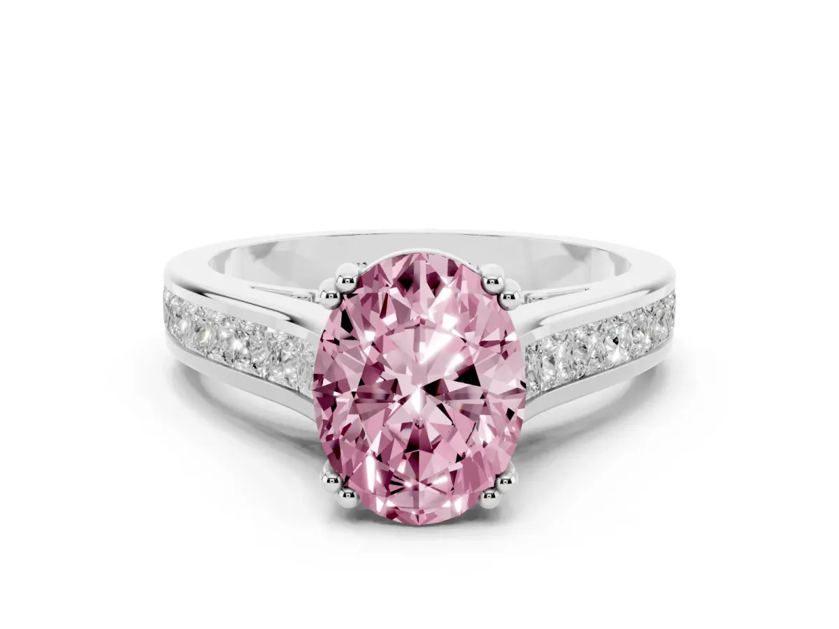 Fancy Pink Oval Cut Cut Channel Set Solitaire Engagement Ring with Prong Setting Silver