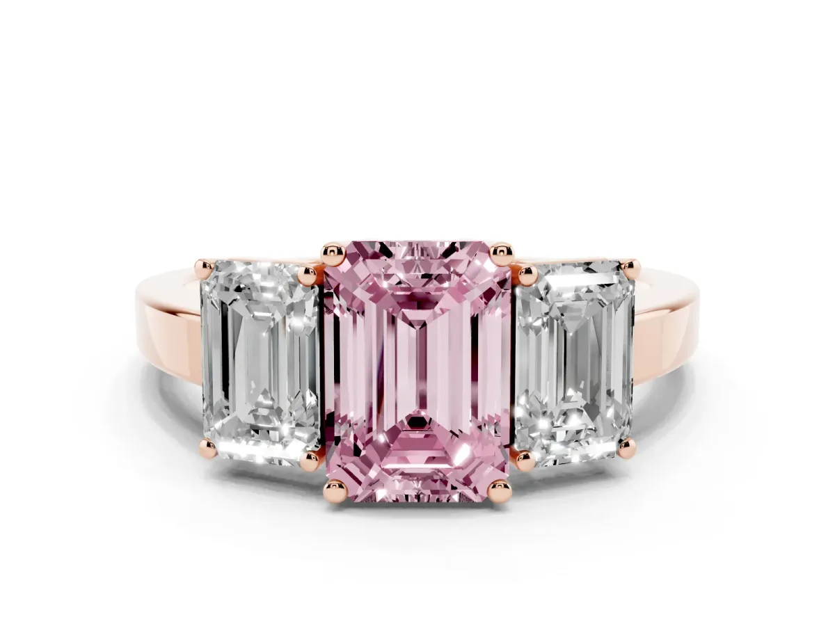 Fancy Pink Three-Stone Emerald Cut Cut Diamond Engagement Ring with Flat Band and Four-Prong Setting Rose gold