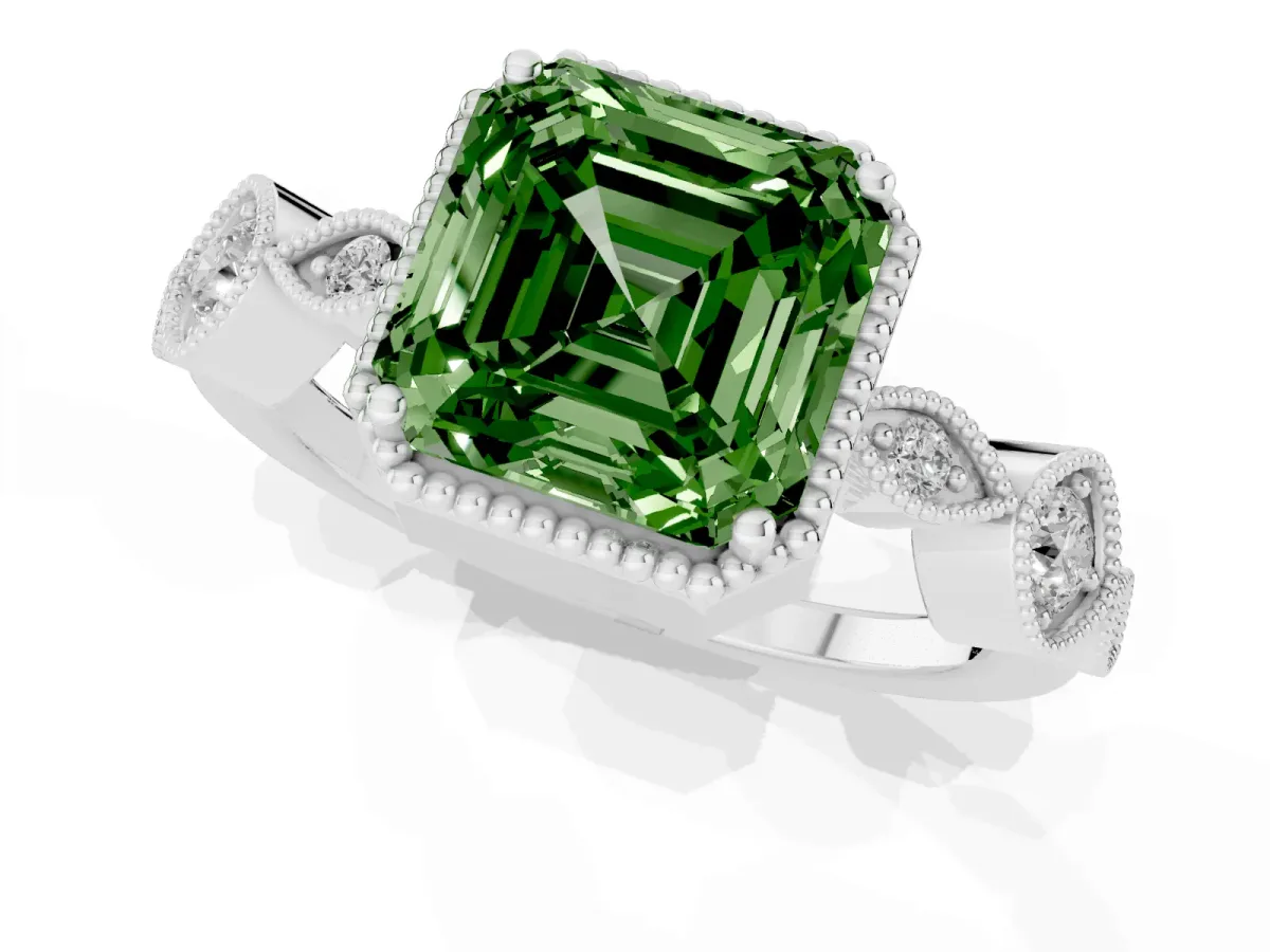 Fancy Green Asscher Cut Diamond Vintage Milgrain Ring with Round Stations Silver