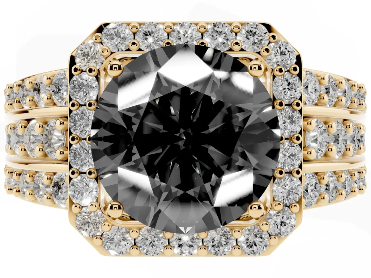 Fancy Black Round Cut Halo Diamond Ring with Round Split Shank and Prong Setting Yellow gold