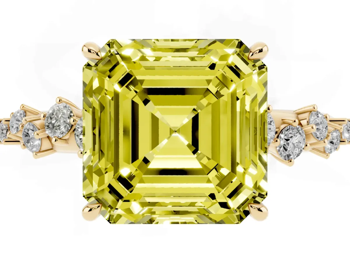 Fancy Yellow Asscher Cut Diamond Cluster Side Stone Solitaire Ring with Prong Setting Yellow gold