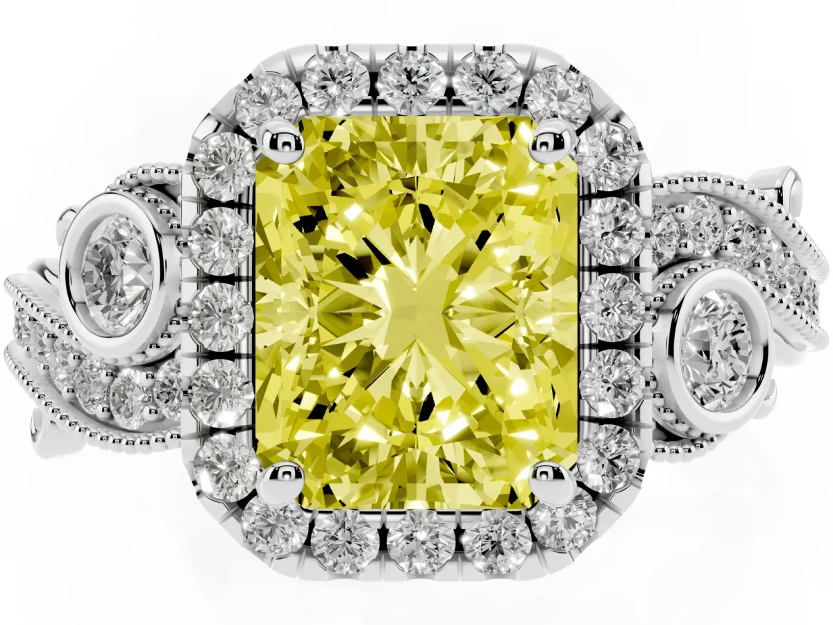 Fancy Yellow Radiant Cut Diamond Halo Ring with Milgrain Pavé Band and Four-Prong Setting Silver