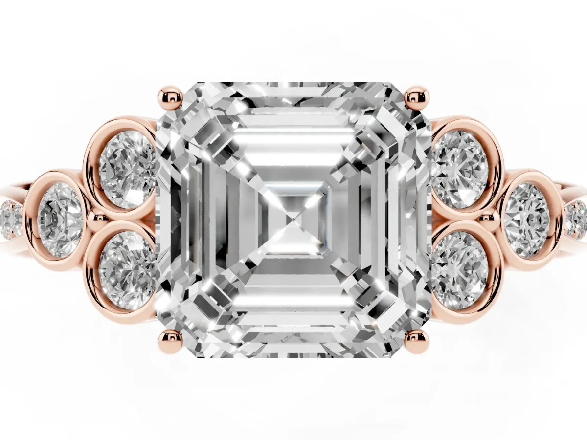 Asscher Cut Cut Diamond Engagement Ring with Bezel Set Round Side Stones and Prong Setting Rose gold