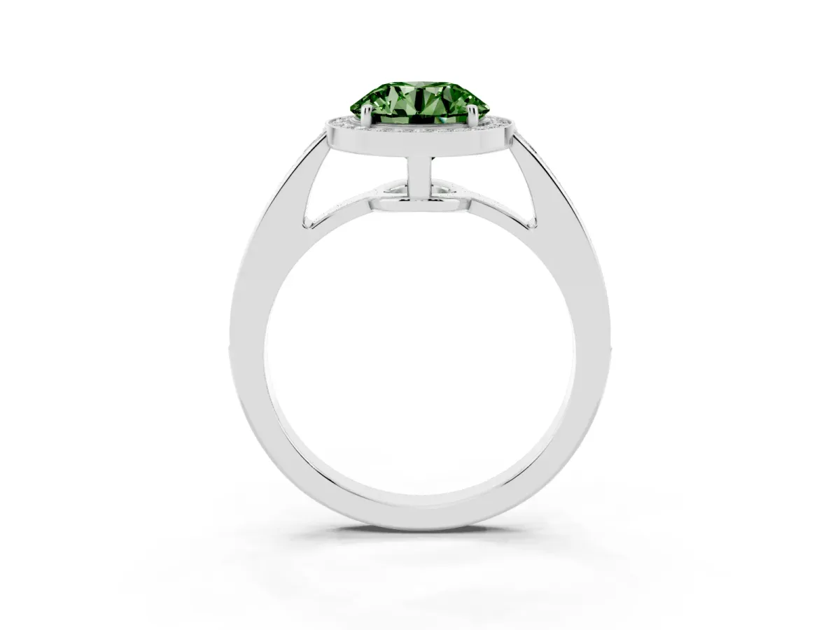 Fancy Green Round Cut Halo Pavé Diamond Engagement Ring with Bezel Setting Silver