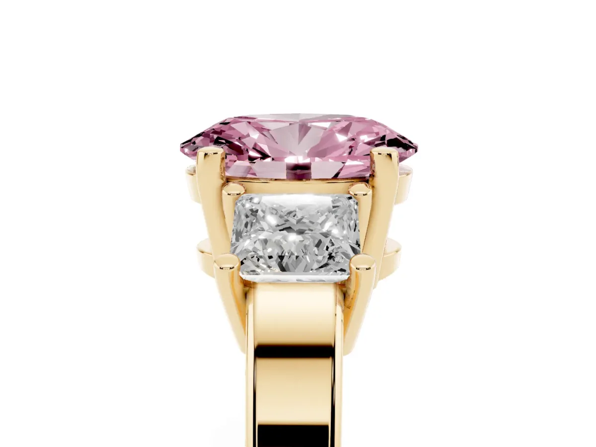 Fancy Pink Three-Stone Oval Cut Cut Solitaire Ring with Prong Setting Yellow gold