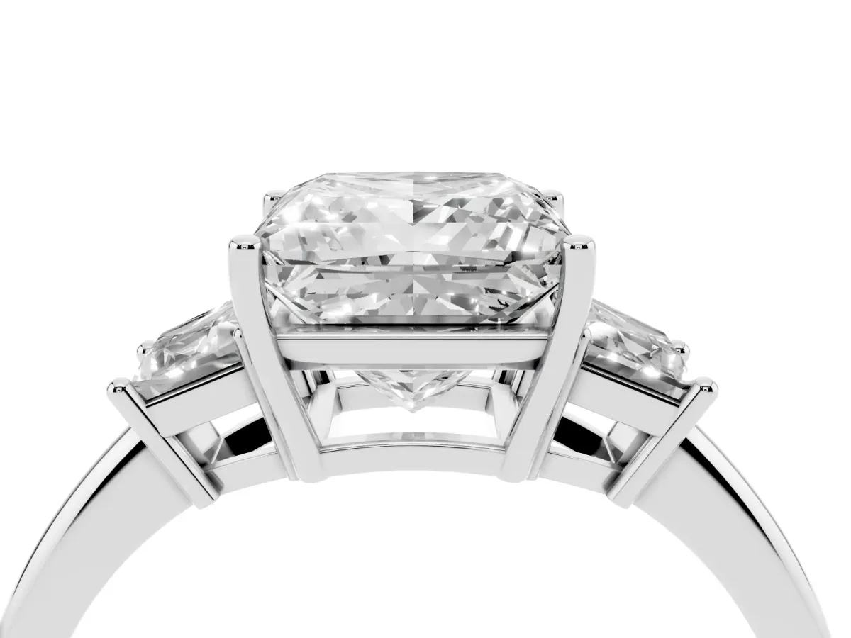Princess Cut Diamond Three-Stone Ring with Trapezoid Side Stones and Prong Setting Platinum