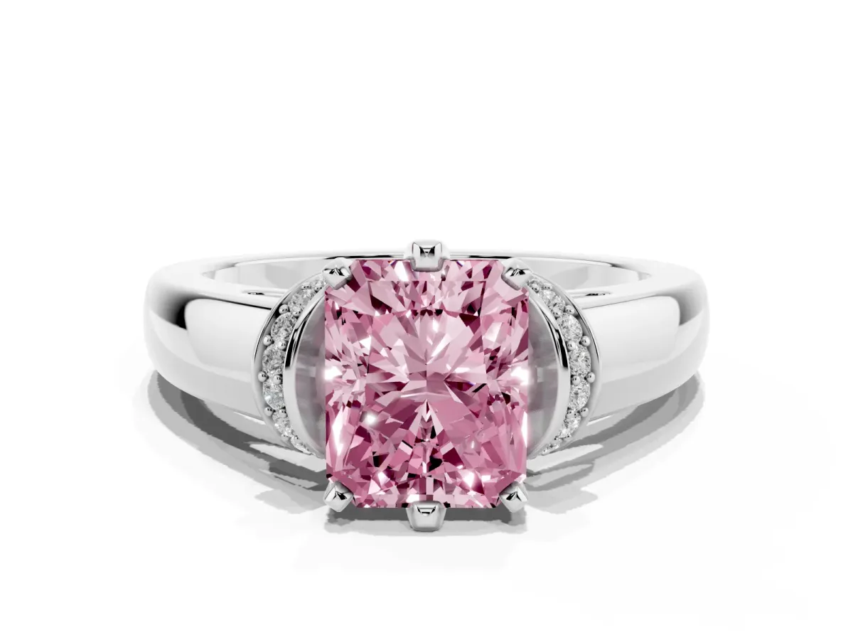 Fancy Pink Radiant Cut Solitaire Diamond Ring with Pave Band and Six-Prong Setting White gold