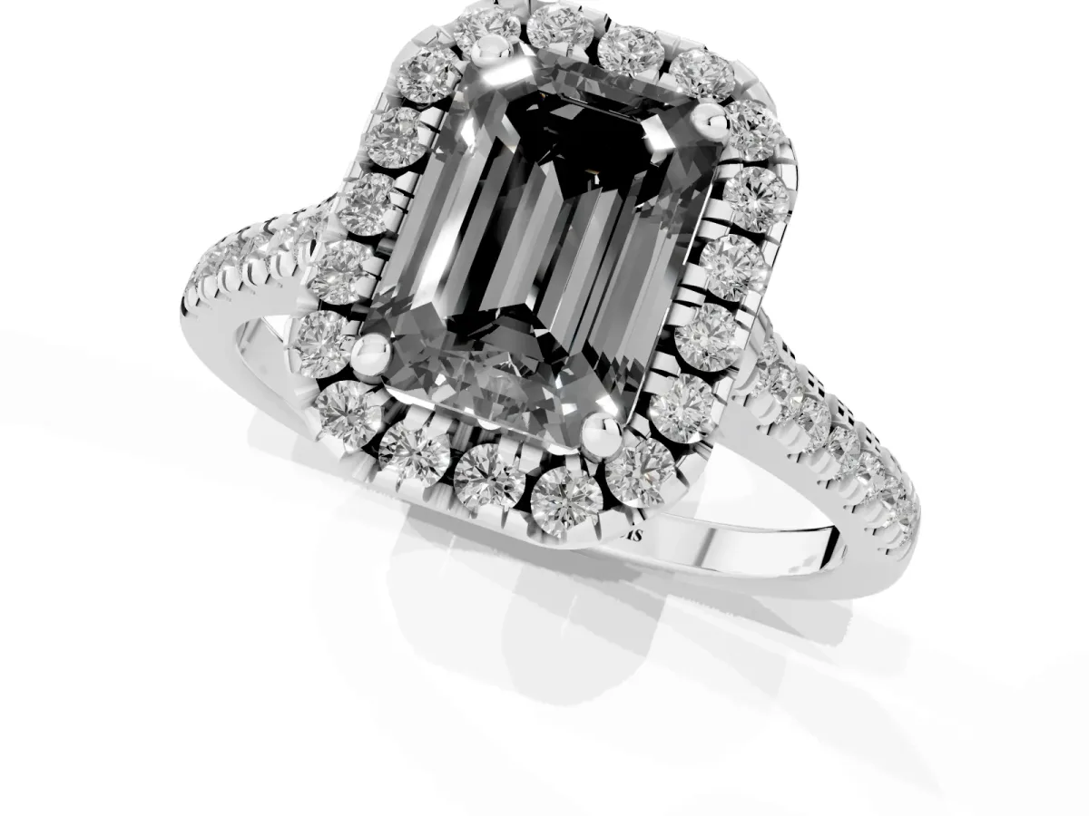 Fancy Black Emerald Cut Diamond Cushion Halo Ring with Pavé Band Silver