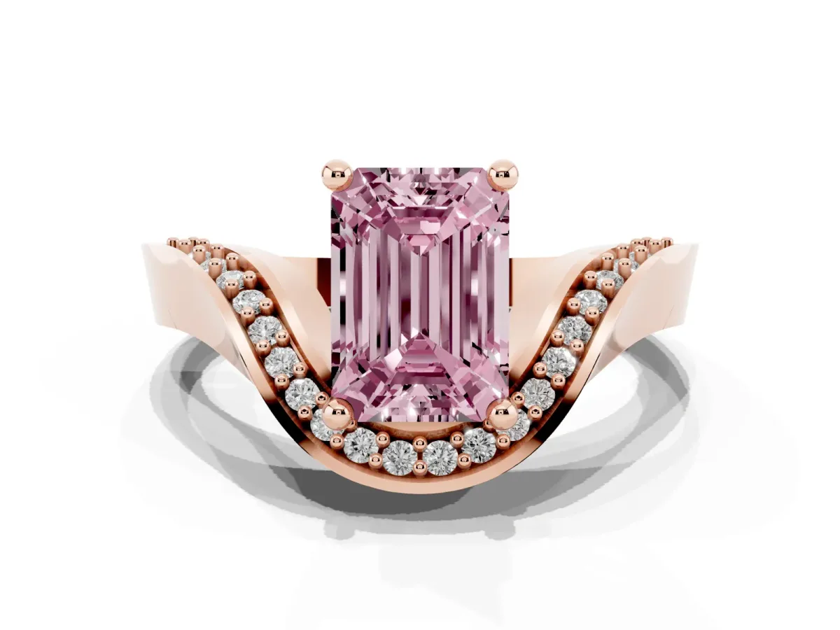 Fancy Pink Emerald Cut Solitaire Diamond Engagement Ring with Pave Band and Four-Prong Setting Rose gold