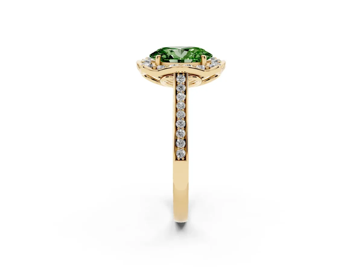 Fancy Green Oval Cut Halo Round Diamond Pave Band with Four-Prong Setting Yellow gold