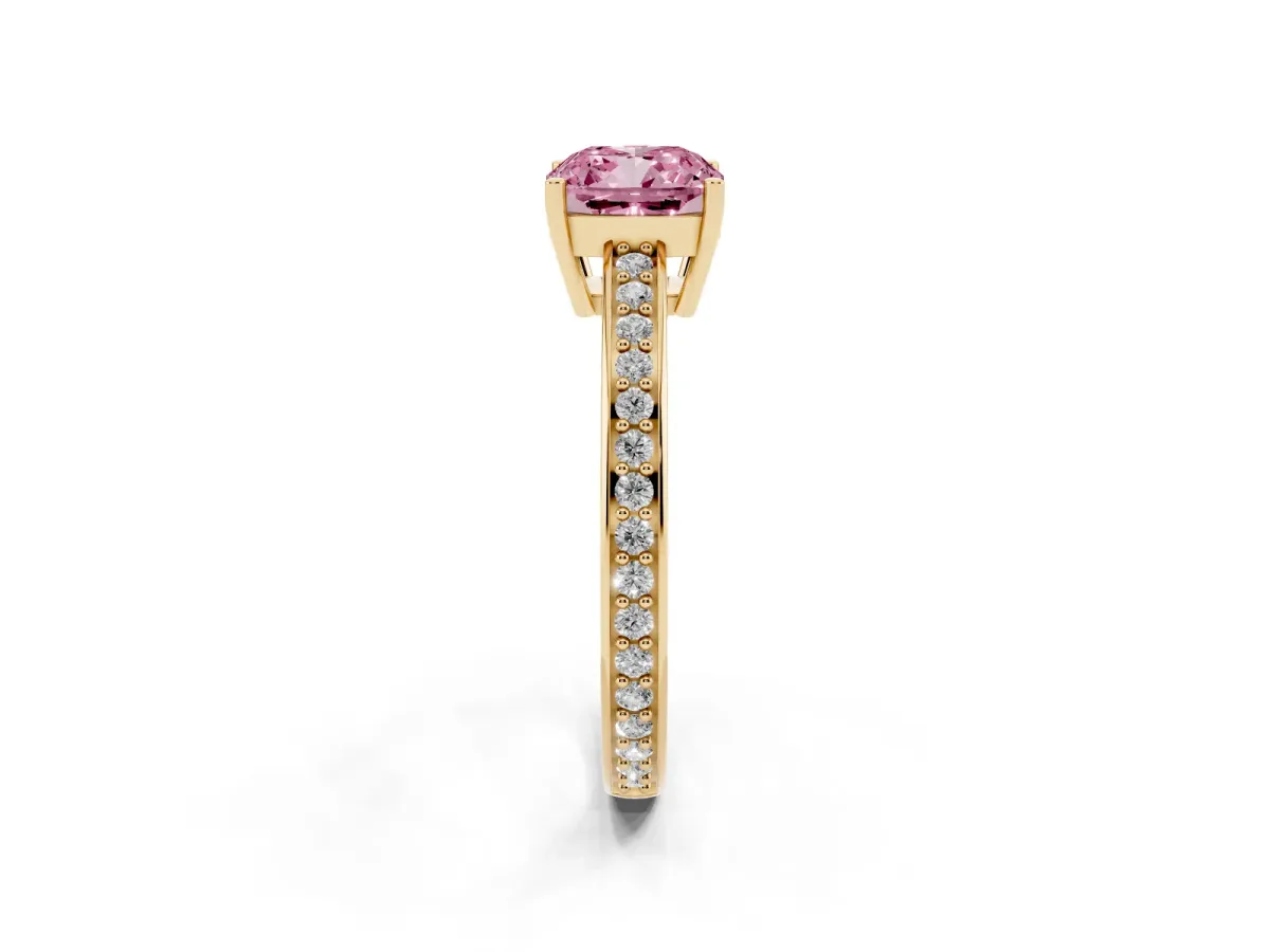 Fancy Pink Cushion Cut Solitaire Pavé Band Prong Setting Ring Yellow gold