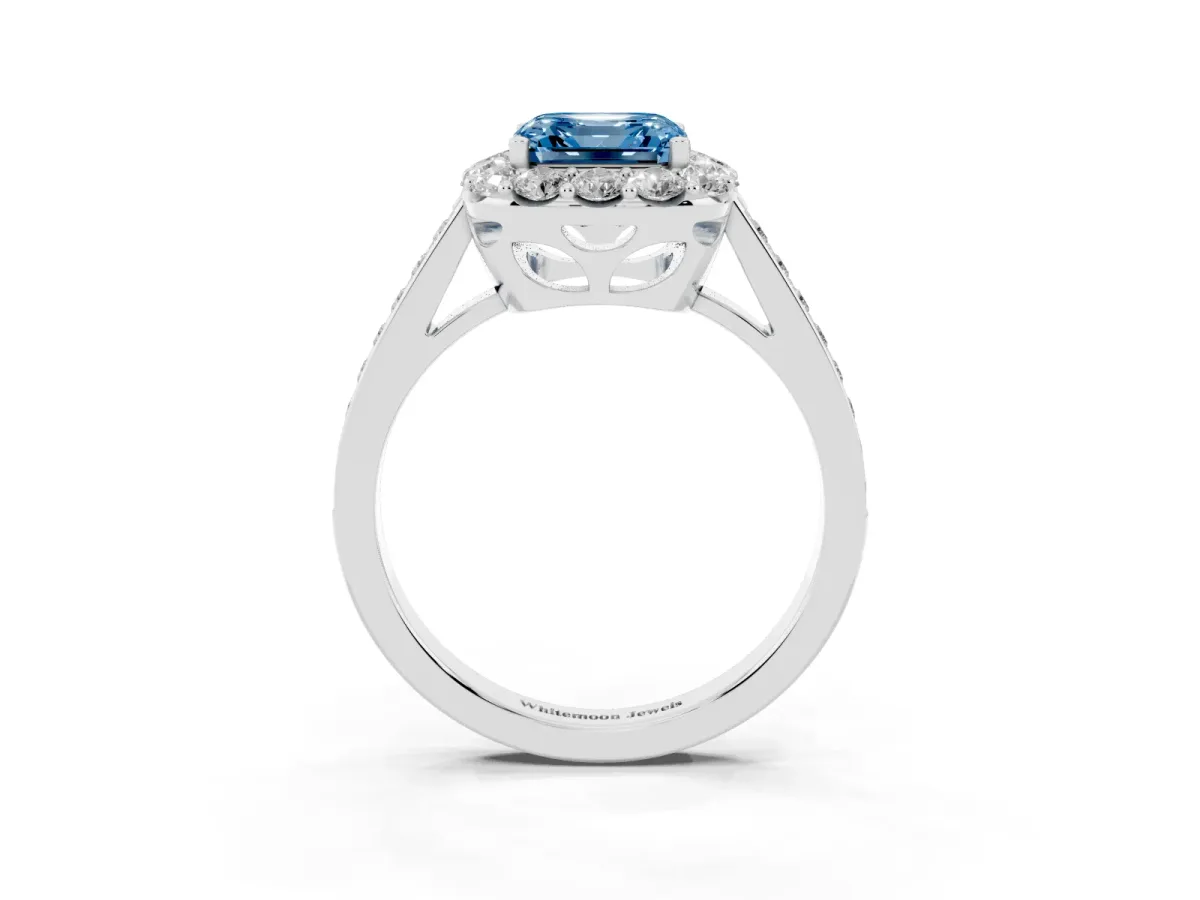 Fancy Blue Asscher Cut Diamond Floral Halo Ring with Pavé Band and Prong Setting White gold