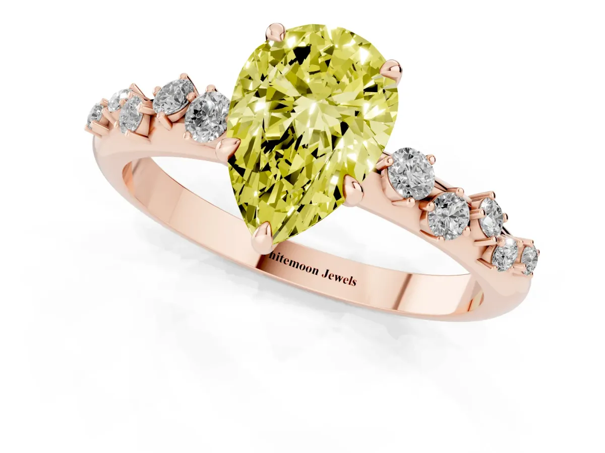 Fancy Yellow Pear Cut Diamond Cluster Prong-Set Solitaire Ring Rose gold