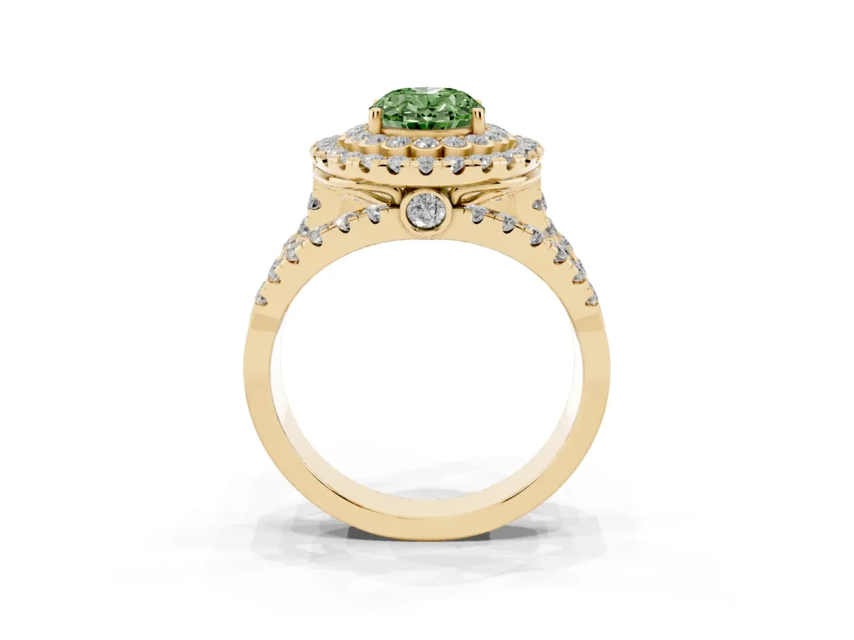 Fancy Green Oval Cut Diamond Double Halo Ring with Round Pavé Split Shank and Prong Setting Yellow gold