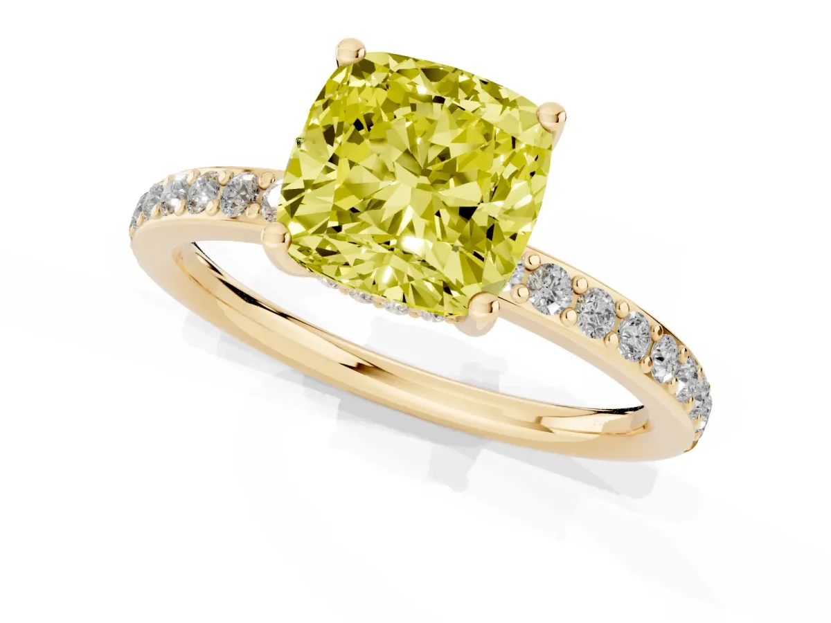 Fancy Yellow Cushion Cut Cut Diamond Pavé Band Ring with Four-Prong Setting Yellow gold