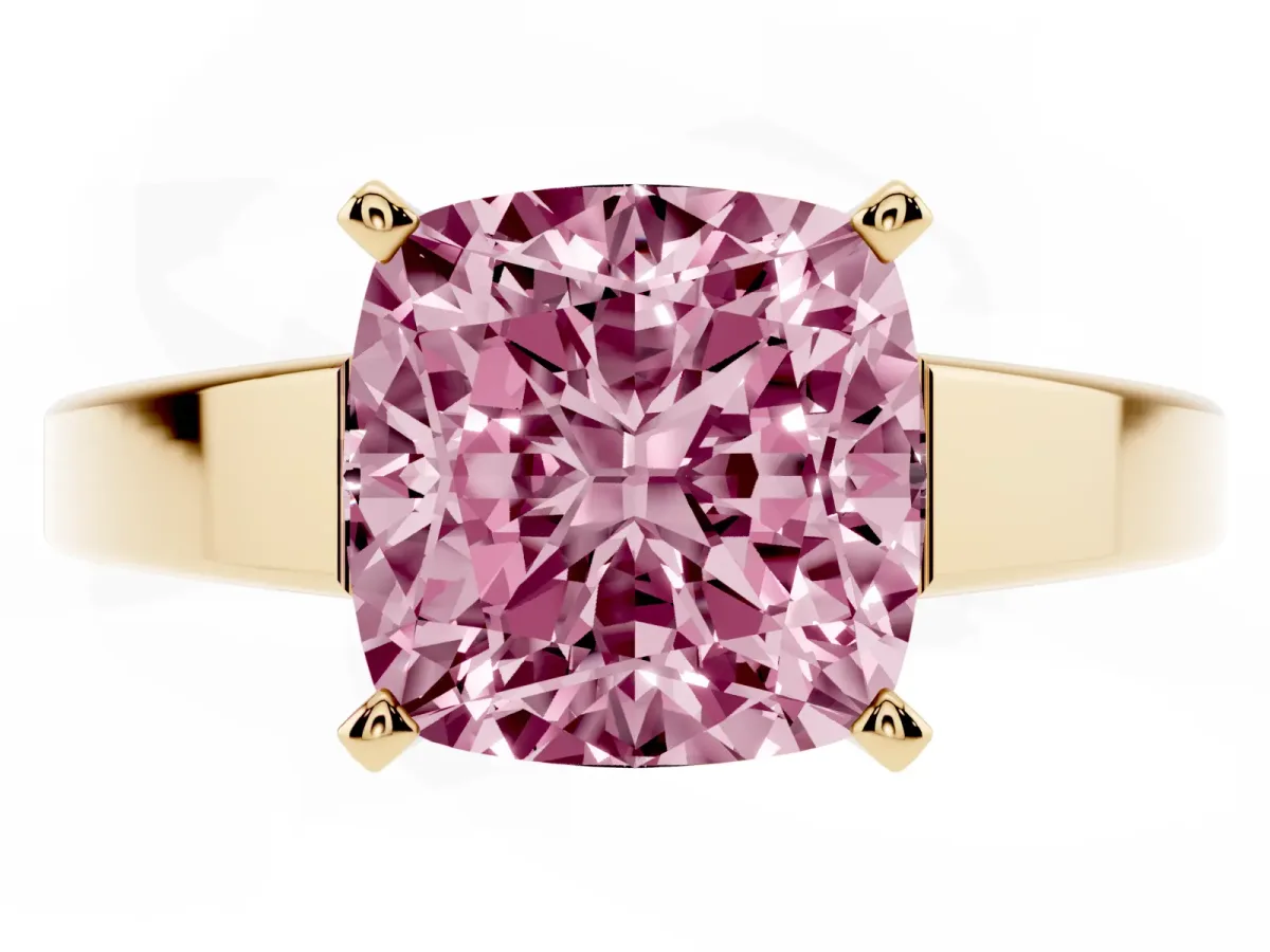 Fancy Pink Cushion Cut Solitaire Engagement Ring with Four-Prong Setting and Tapered Band Yellow gold