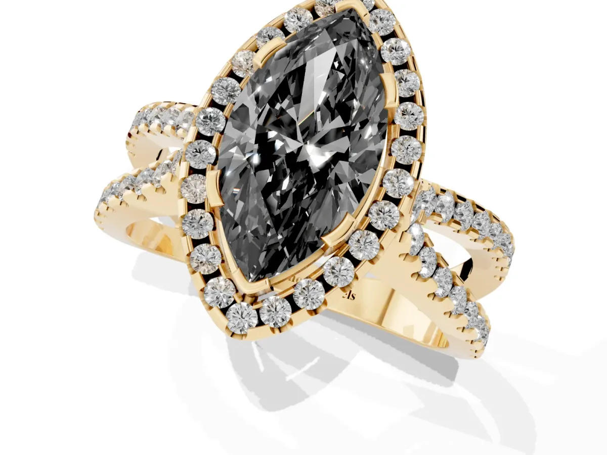 Fancy Black Marquise Cut Diamond Halo Ring with Split Shank Pavé Band and Prong Setting Yellow gold