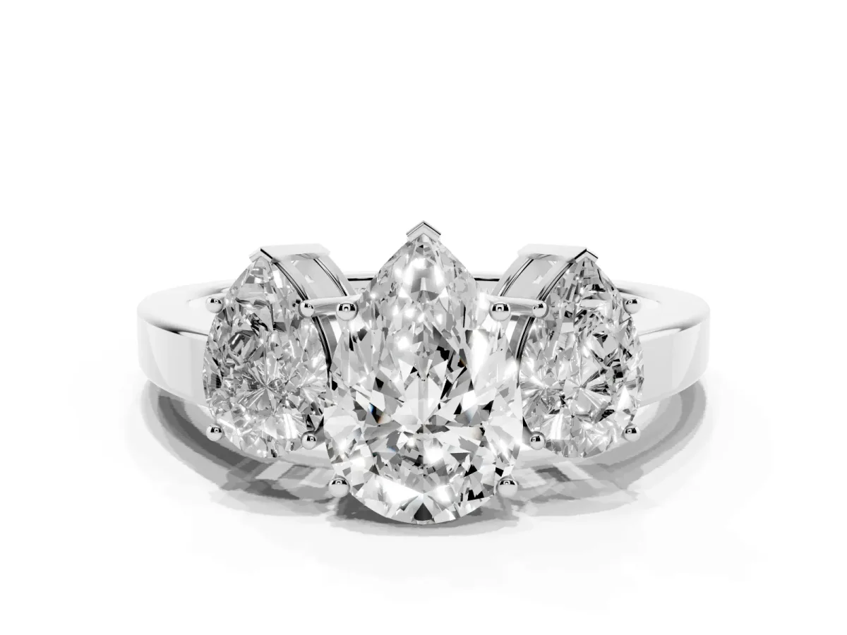 Three-Stone Pear Cut Cut Diamond Engagement Ring with Flat Band and Four-Prong Setting Silver