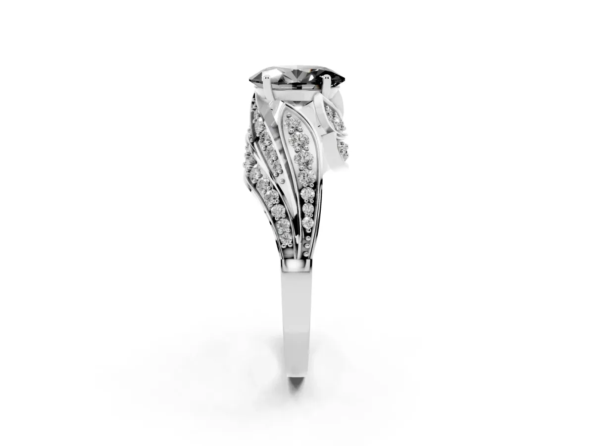 Fancy Black Oval Cut Diamond Solitaire Ring with Prong Setting and Twisted Pavé Band Silver