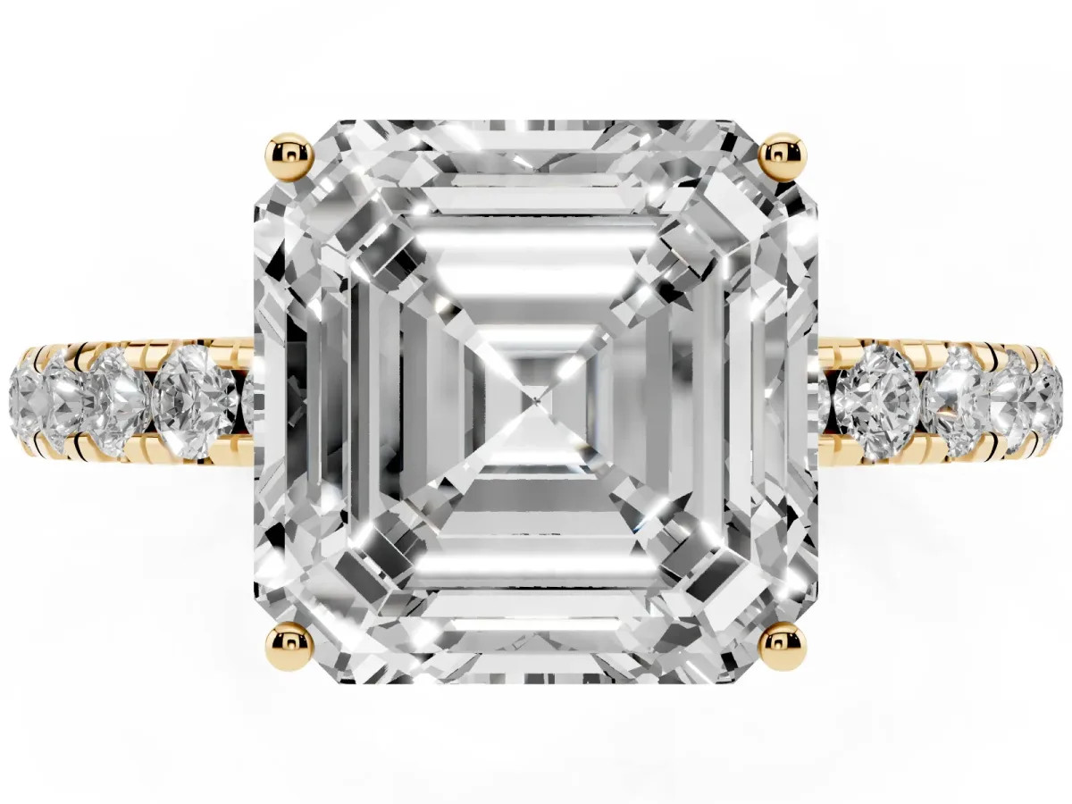 Asscher Cut Diamond Pavé Solitaire Engagement Ring with Four-Prong Setting Yellow gold