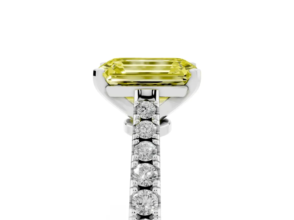 Fancy Yellow Emerald Cut Cut Solitaire Diamond Engagement Ring with Pave Band and Four-Prong Setting Platinum