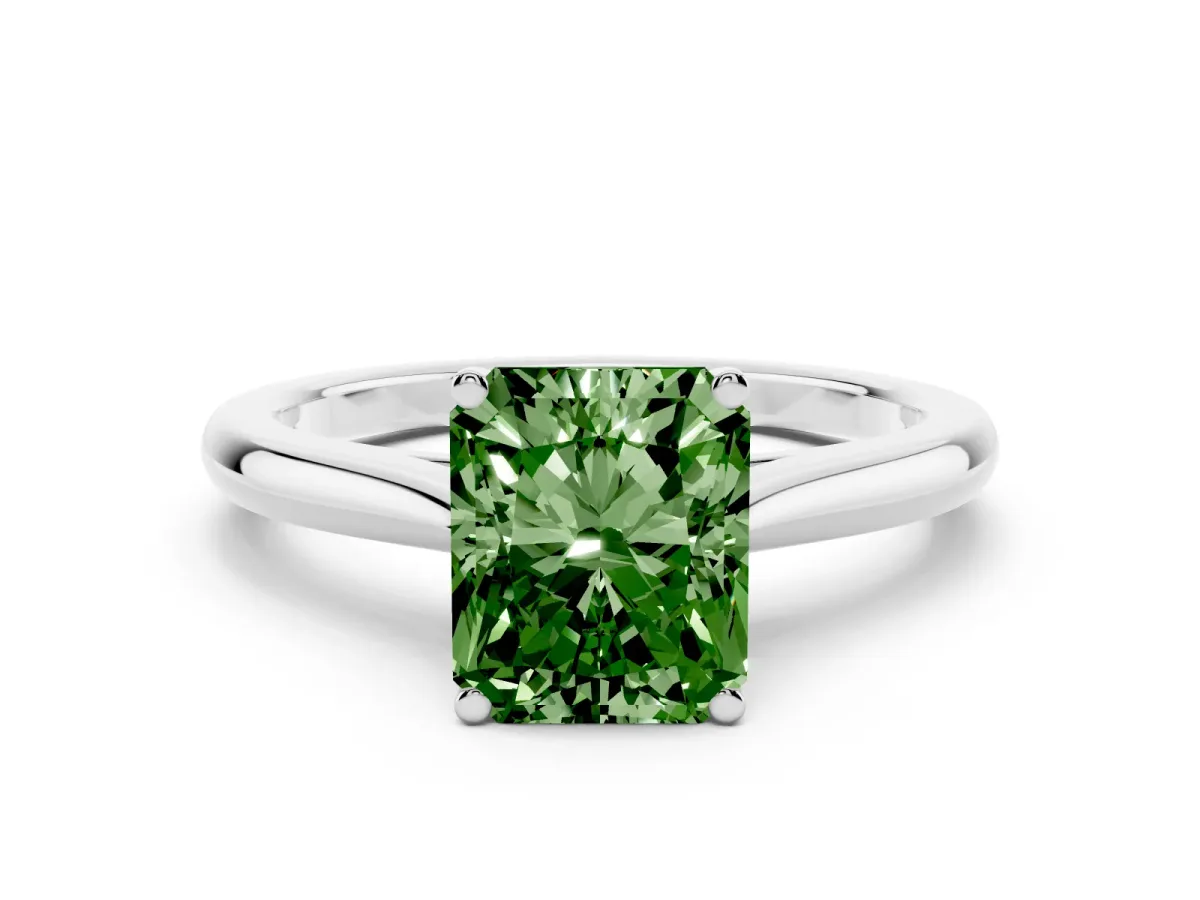 Fancy Green Radiant Cut Cut Solitaire Ring with Cathedral Band and Four-Prong Setting Silver