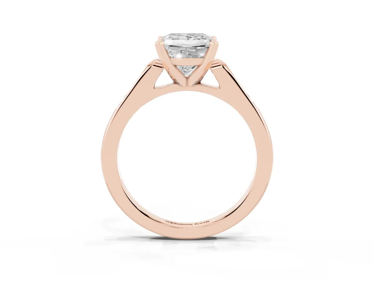 Princess Cut Diamond Solitaire Ring with Channel Set Round Band and Prong Setting Rose gold
