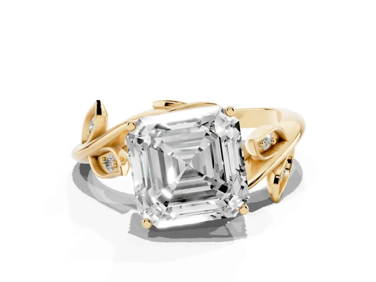 Asscher Cut Solitaire Twist Engagement Ring with Leaf Accents and Prong Setting Yellow gold