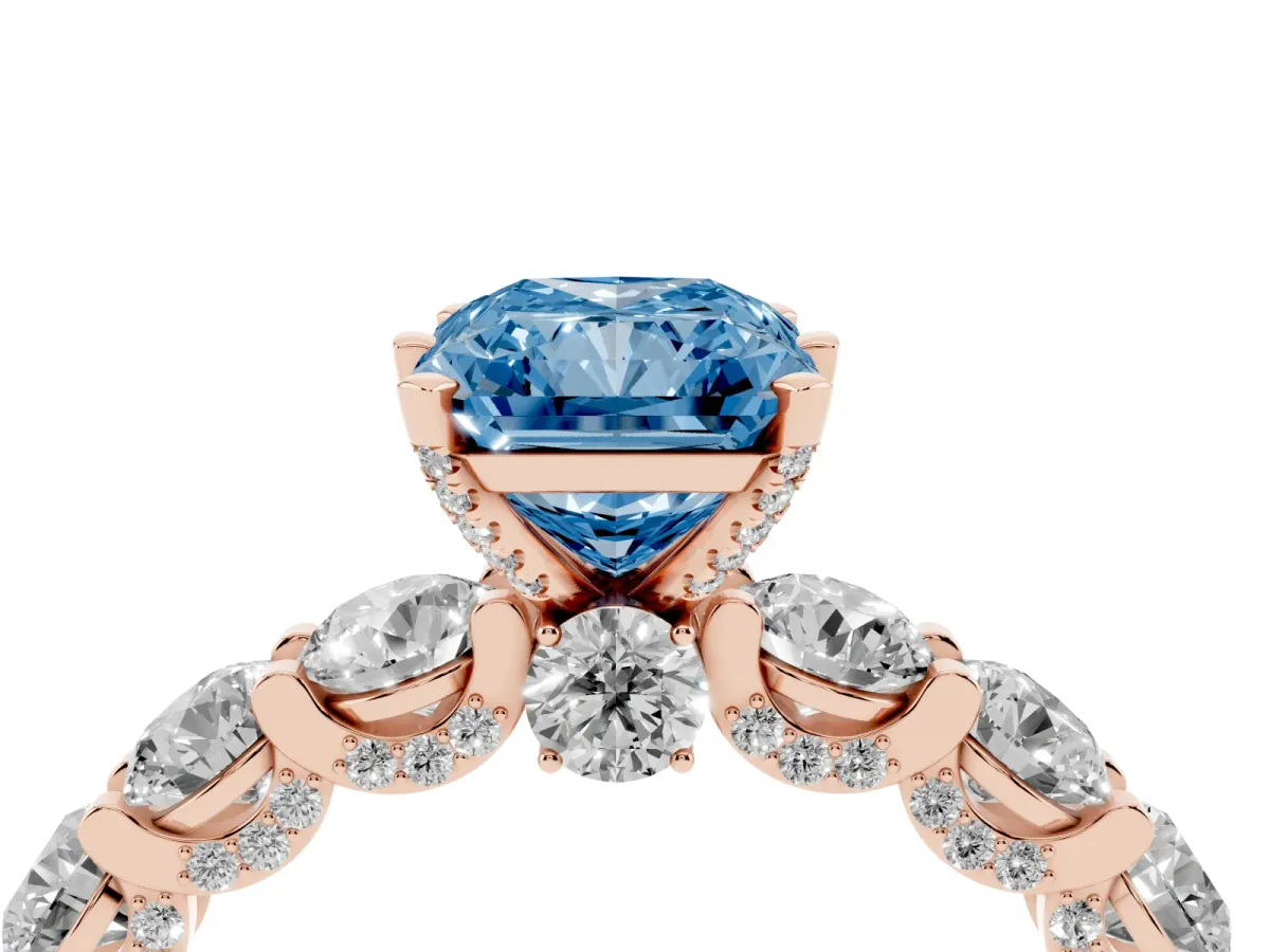 Fancy Blue Radiant Cut Diamond Side Stone Engagement Ring with Four-Prong Setting Rose gold