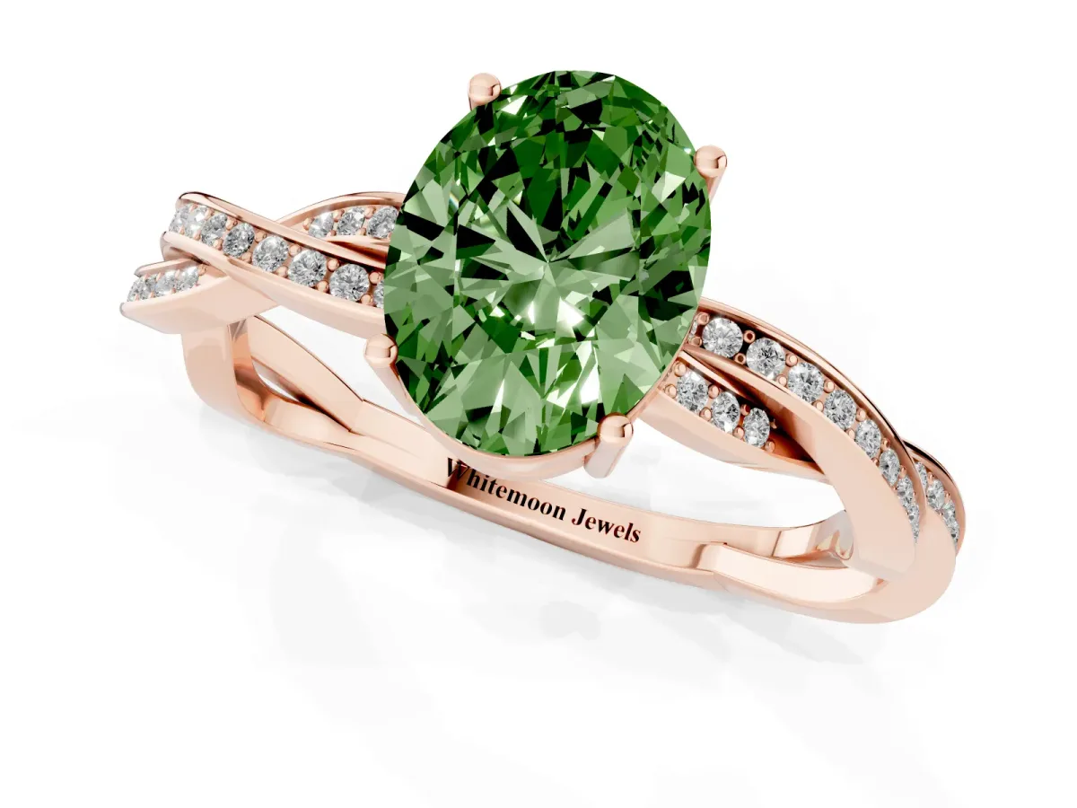 Fancy Green Oval Cut Solitaire Twisted Pave Diamond Ring with Four-Prong Setting Rose gold