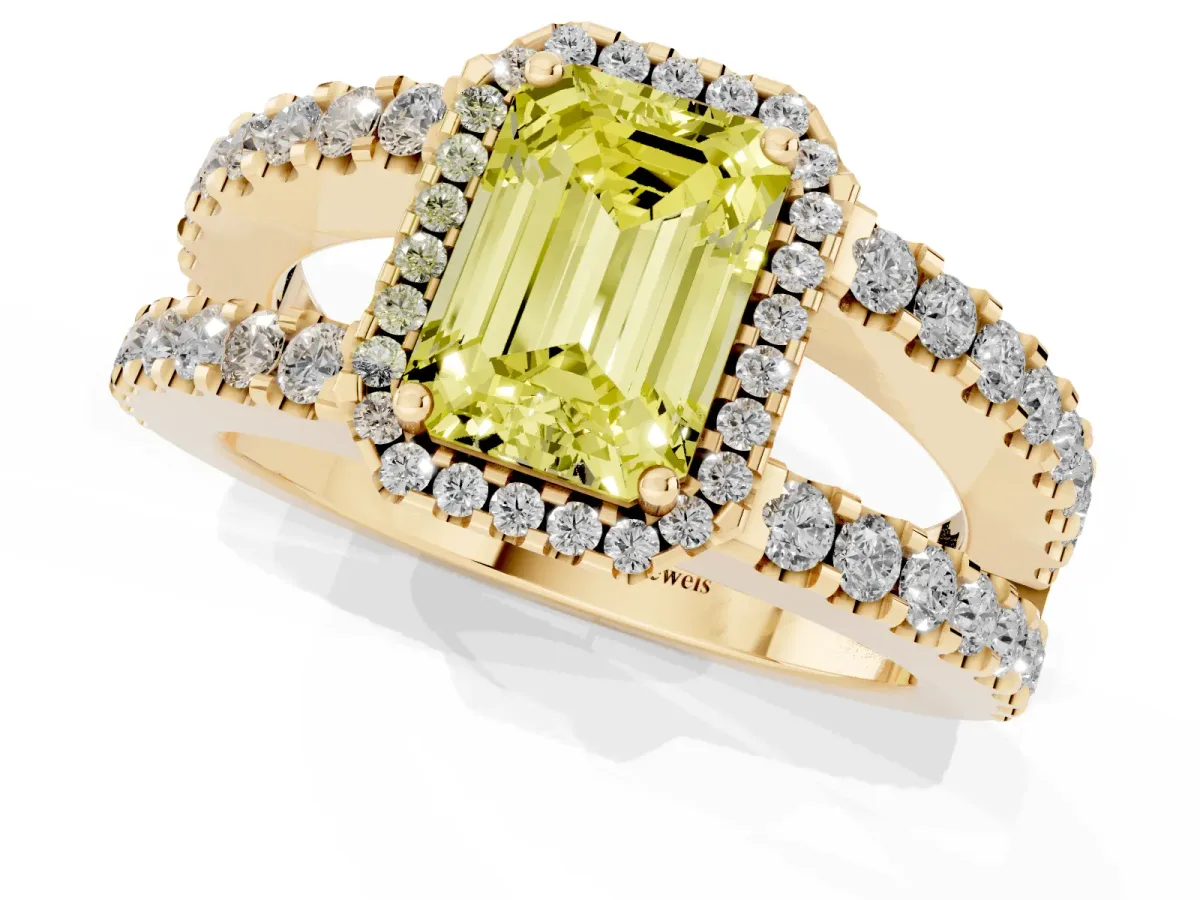Fancy Yellow Emerald Cut Cut Halo Split Shank Diamond Ring with Four-Prong Setting Yellow gold