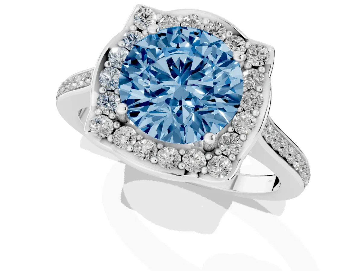 Fancy Blue Round Cut Halo Round Diamond Pave Band with Four-Prong Setting Silver
