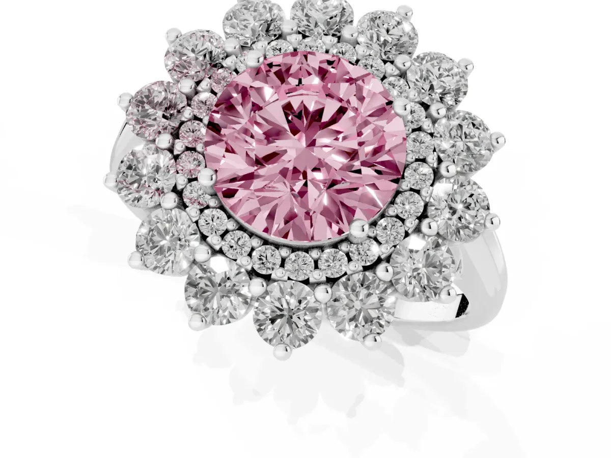 Fancy Pink Round Cut Diamond Floral Double Halo Engagement Ring with Prong Setting Silver