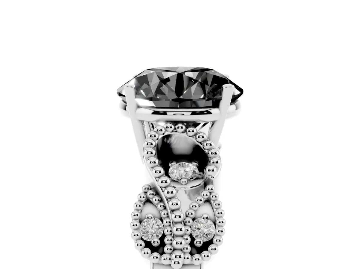 Fancy Black Round Cut Solitaire Milgrain Leaf Band with Prong Setting Silver
