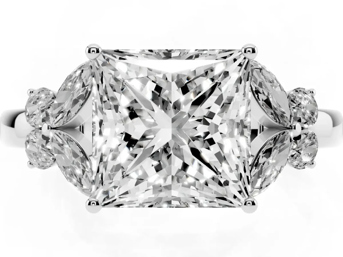 Princess Cut Cut Solitaire Floral Diamond Ring with Four-Prong Setting Platinum