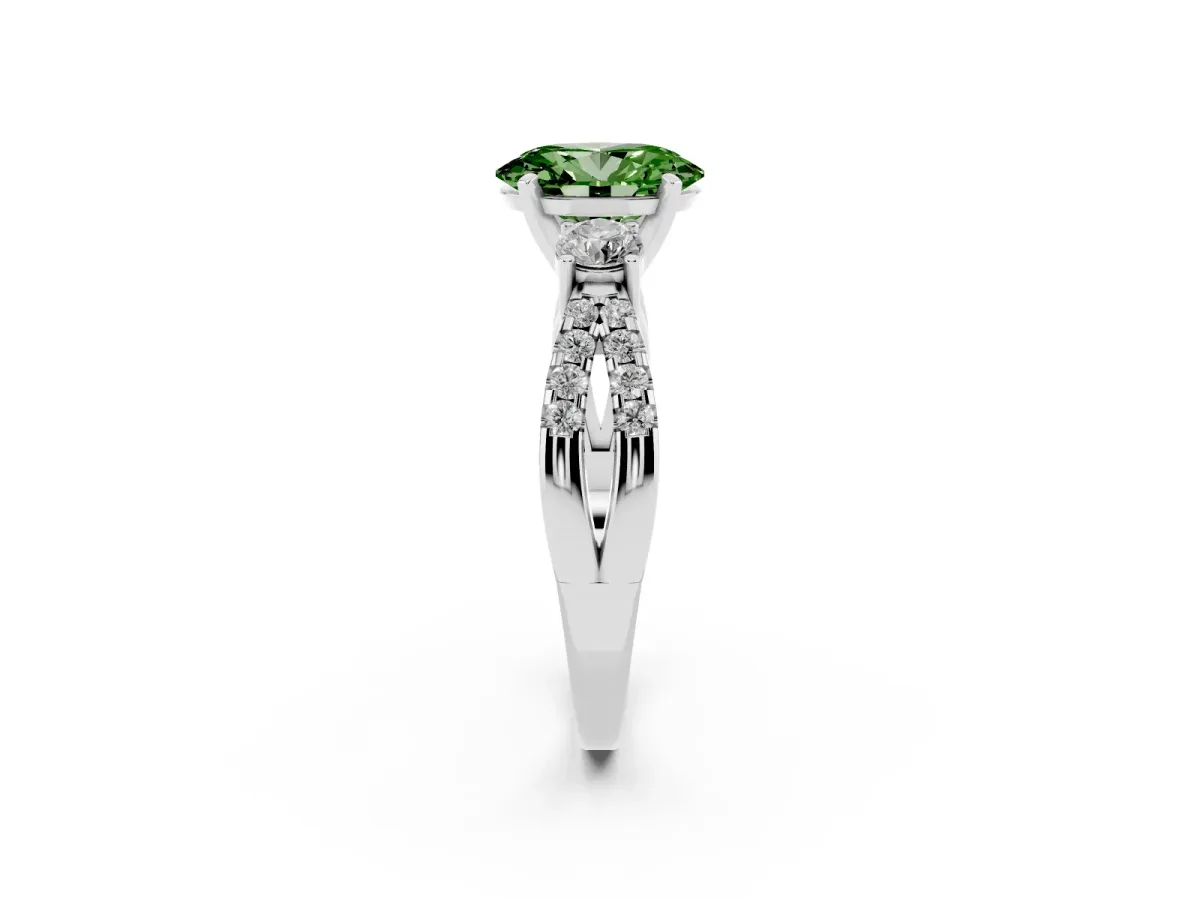 Fancy Green Oval Cut Diamond Three-Stone Ring with Pavé Split Shank and Four-Prong Setting Silver