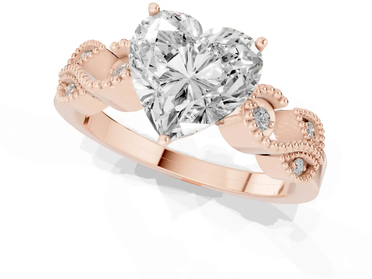 Heart Cut Solitaire Milgrain Leaf Band with Prong Setting Rose gold
