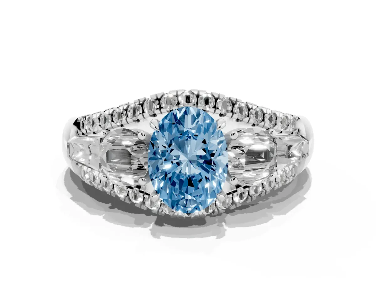 Fancy Blue Three-Stone Oval Cut Diamond Engagement Ring with Pave Band and Prong Setting Silver