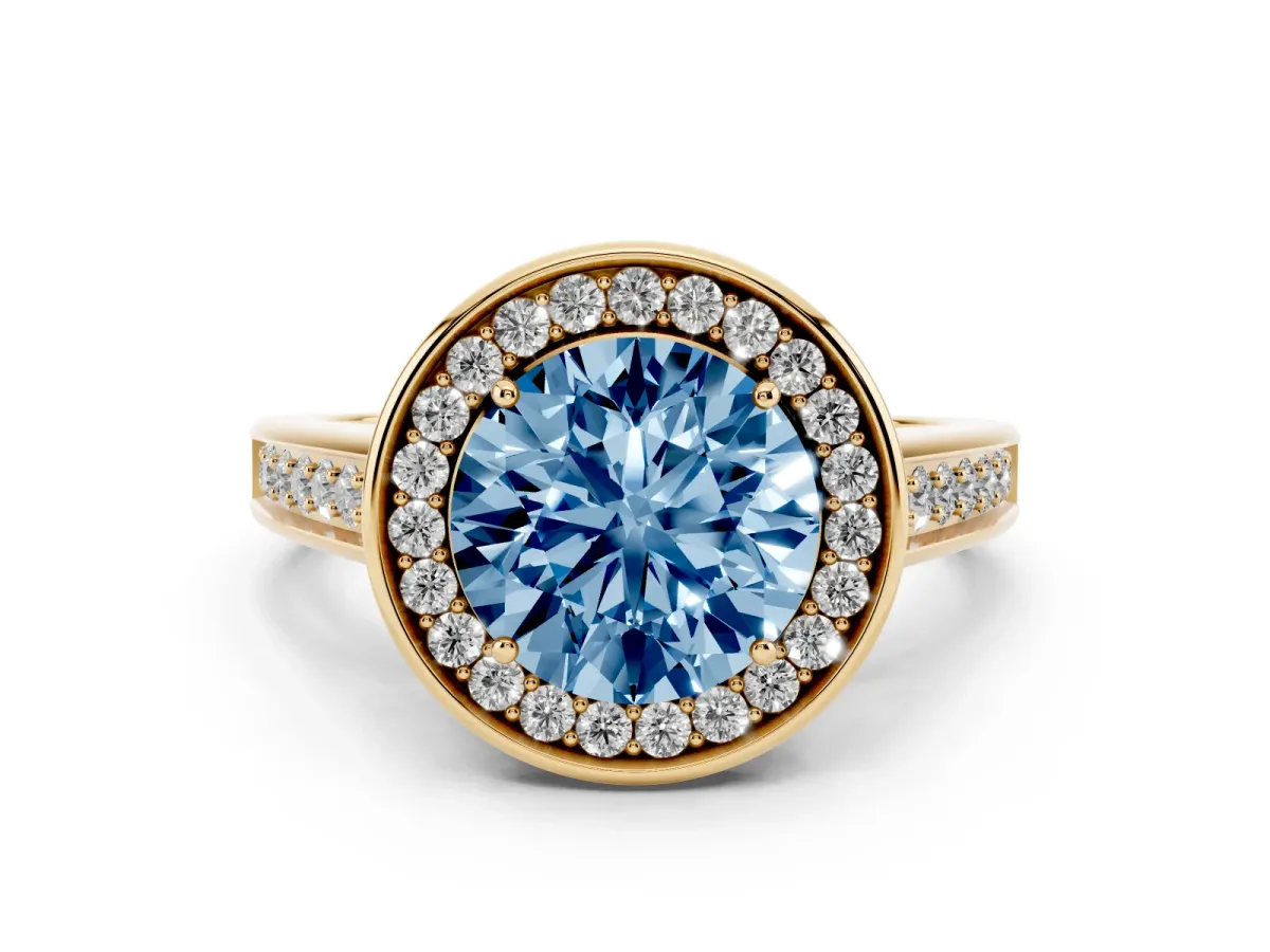 Fancy Blue Round Cut Halo Solitaire Diamond Ring with Pave Band and Bezel Setting Yellow gold