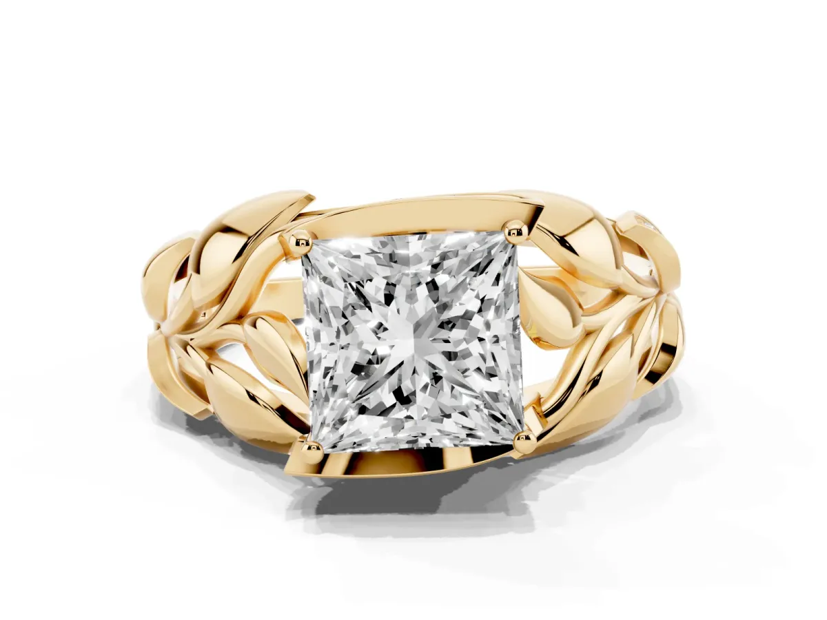 Princess Cut Diamond Leaf-Inspired Engagement Ring with Round Accents and Prong Setting Yellow gold