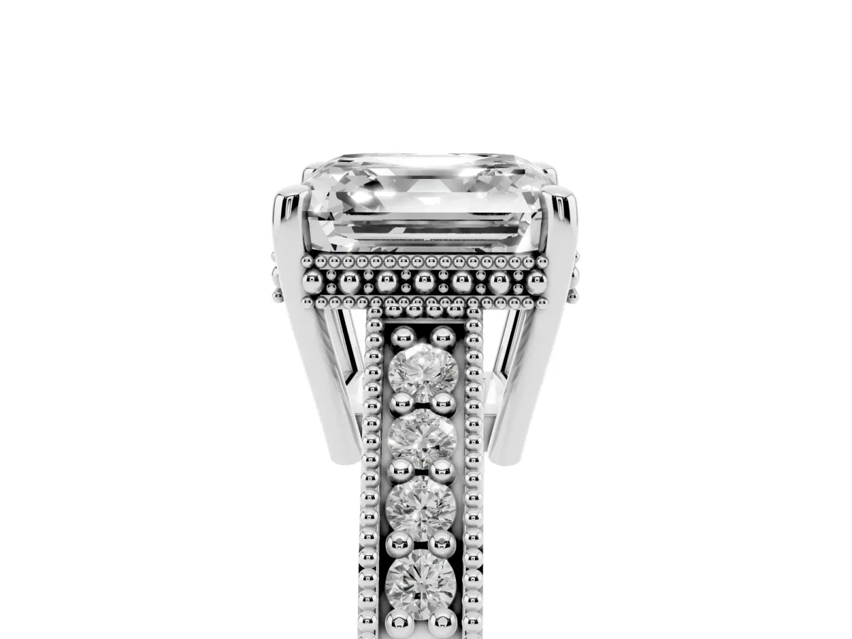 Asscher Cut Solitaire Pavé Diamond Milgrain Engagement Ring with Four-Prong Setting Silver