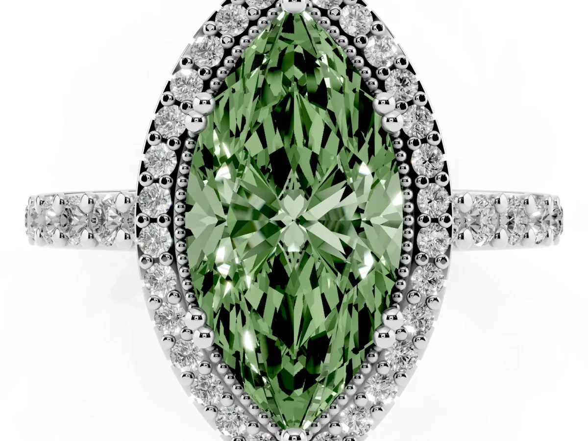 Fancy Green Marquise Cut Cut Diamond Halo Engagement Ring with Milgrain Detail and Pavé Band Silver