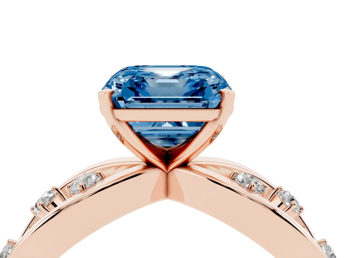 Fancy Blue Asscher Cut Cut Solitaire Diamond with Side Stones on Criss-Cross Band and Four-Prong Setting Rose gold