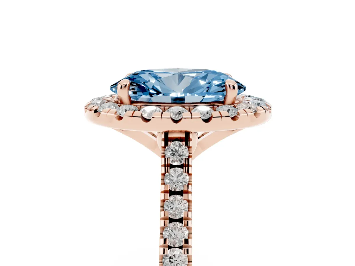Fancy Blue Oval Cut Diamond Cushion Halo Ring with Pavé Band Rose gold